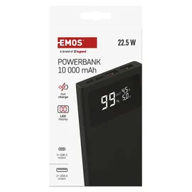 EMOS Powerbank BetaQ 10000mAh, 22,5 W Quick-Charge mit Passthrough und Display, 3x Output + 2x Input, inkl. Datenkabel USB/USB-C, Auto ON/Off, schwarz