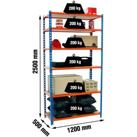 simonclick Simonrack Leichte Metall Holz Regal Blau Orange 2500x1200x500 mm, 6 Ebenen, Holzböden, 200 kg Tragkraft pro Ebene, Blau/Orange - Maderclick
