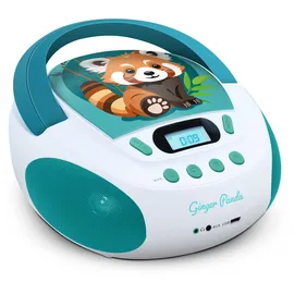 Mooov 477414 CD-Player für Kinder, Motiv: Panda, Rot, MP3 und USB-Port – AUX-In – Kopfhöreranschluss – Tragbare Station mit Tragegriff – Netz- oder Batteriebetrieb – Grün und Weiß