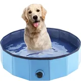 Hundepool Faltbar, Anti-Rutsch Planschbecken für Hunde & Katzen, Robuste Hundebadewanne aus 3-lagigem PVC & MDF, Wasserdichter Schwimmpool mit Abfluss für Garten Bad (80x20cm)