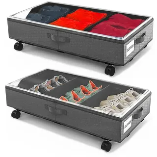 2 Stück Unterbett Aufbewahrungsbox 49L Unterbettkommode mit Rollen Deckel Metallrahmen Bettkasten Organizer Aufbewahrungstasche Faltbare Unterbettbox für Kleidung Schuhe Decken Bettwäsche (Grau)