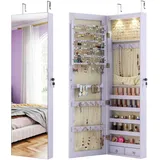 GOPLUS Schmuckschrank mit LED, Spiegelschrank hängend mit Schlüsseln, Schmuckregal mit Spiegel für Ringe, Ohrringe, Halsketten, Armbänder, 120x35,5x10cm (Lila)