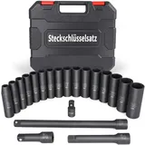 Schlagschrauber Nüsse Set, 20 PCS Impact Socket Set Steckschlüsselsatz mit 1/2'' Antrieb, 3/8'' Stecknuss Adapter, 9-24mm Sechskant Nuss und 3'', 5'', 10'' Verlängerungsstangen