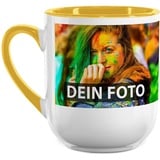 Elegante Fototasse selbst gestalten - mit Foto & Text Personalisieren - Edle Tasse mit abgerundetem Boden - Keramik Innen & Henkel Gelb, 250ml