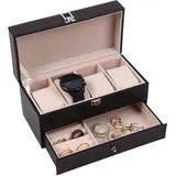 Uhren Aufbewahrungsbox, Uhrenbox mit 4 Uhren Fächer, Doppellagige Uhrenbox, Uhrenkasten für Herren Damen, Schmuckschatulle mit Uhrenfach, für Uhren, Schmuck, Ringe, Armbänder und Halsketten -Schwarz