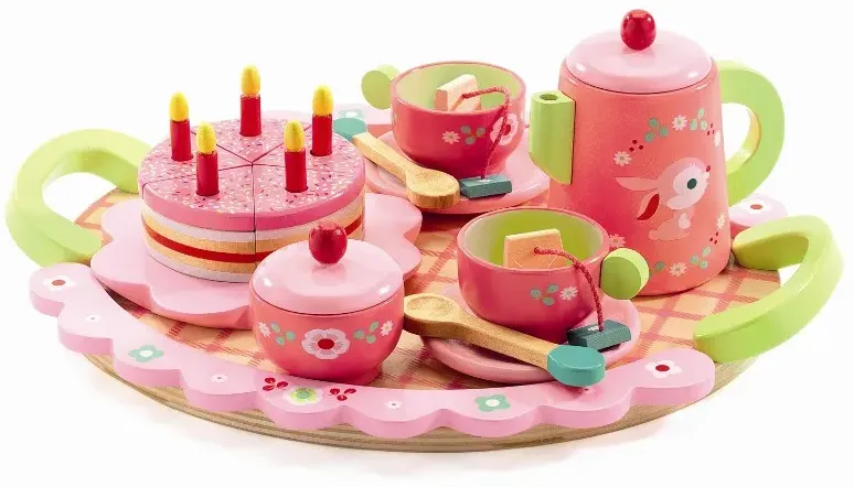 Djeco Lilli Rose Teeservice mit Serviertablett Holzspielzeug 29 x 23 cm Rosa - 2 Tassen, Klett-Kuchen, Zuckerdose