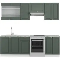 Vicco Küchenzeile Fame-Line 240 cm Grün-Gold Landhaus/Weiß