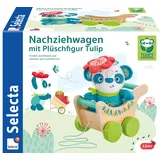 Selecta 62088 Tulips Garden, Nachziehwagen mit Plüschfigur Tulip, Schiebe-und Nachziehspielzeug aus Holz, 21 cm