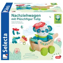 Selecta 62088 Tulips Garden, Nachziehwagen mit Plüschfigur Tulip, Schiebe-und Nachziehspielzeug aus Holz, 21 cm