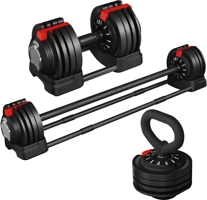 Yaheetech 3-in-1 Schnellverstellbare Hantelsatz, 3-24KG Freihanteln mit 12 verstellbaren Gewichten, Kombination aus Hantel, Langhantel und Kettlebell, Gewichthebesatz mit rutschfestem Griff für das Heimtrainingsstudio zum ganzen Körper Krafttraining, Schwarz & Rot