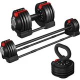 Yaheetech 3-in-1 Schnellverstellbare Hantelsatz, 3-24KG Freihanteln mit 12 verstellbaren Gewichten, Kombination aus Hantel, Langhantel und Kettlebell, Gewichthebesatz mit rutschfestem Griff für das Heimtrainingsstudio zum ganzen Körper Krafttraining, Schwarz & Rot