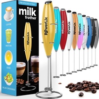 PowerLix Milchaufschäumer Stab, Milchschäumer Elektrisch - mit Edelstahlständer 15-20s, 19000 U/min, Batteriebetriebener Milk Frother für Kaffee, Latte, Cappuccino, Heiß & Kalte Schokolade, Gold