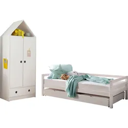 Jugendzimmer-Set LÜTTENHÜTT "Alpi", weiß, Schlafzimmermöbel-Sets, Daybed mit 2. Liegefläche + Kleiderschrank in Hausoptik, platzsparend