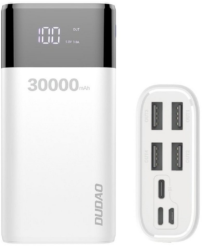 Dudao Powerbank 30000mAh, Externer Akku mit 4 Output USB Schnellladung Max 4A, Akkupack mit LED Anzeige Externes Ladegerät für Handy, Tablet, Smartphone in weiß Powerbank 30000 mAh weiß