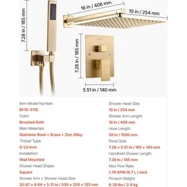 Vevor Duscharmatur Regenduschsystem fürs Badezimmer Duschsystem mit 254 mm quadratischen Regenduschkopf & Handbrause, wandmontierte Badezimmerarma...