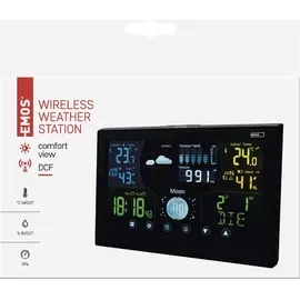 EMOS - Funk-Wetterstation mit Außensensor - Touchscreen-Farbdisplay, Thermometer, Hygrometer, Barometer, Wettervorhersage - DCF Funkuhr - 13 Funktionen - inkl. Netzteil, Wand-/Tischhalterung