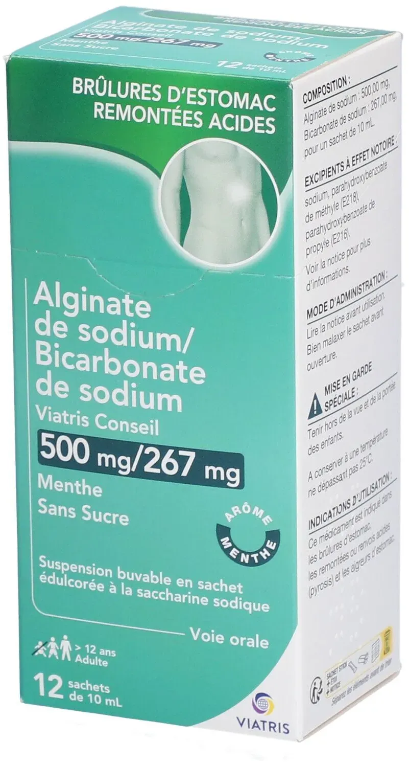 Alginate/Bicar de Sodium Mylan Conseil 500 mg/267 mg s/s 12 pc(s) suspension(s) buvable(s)