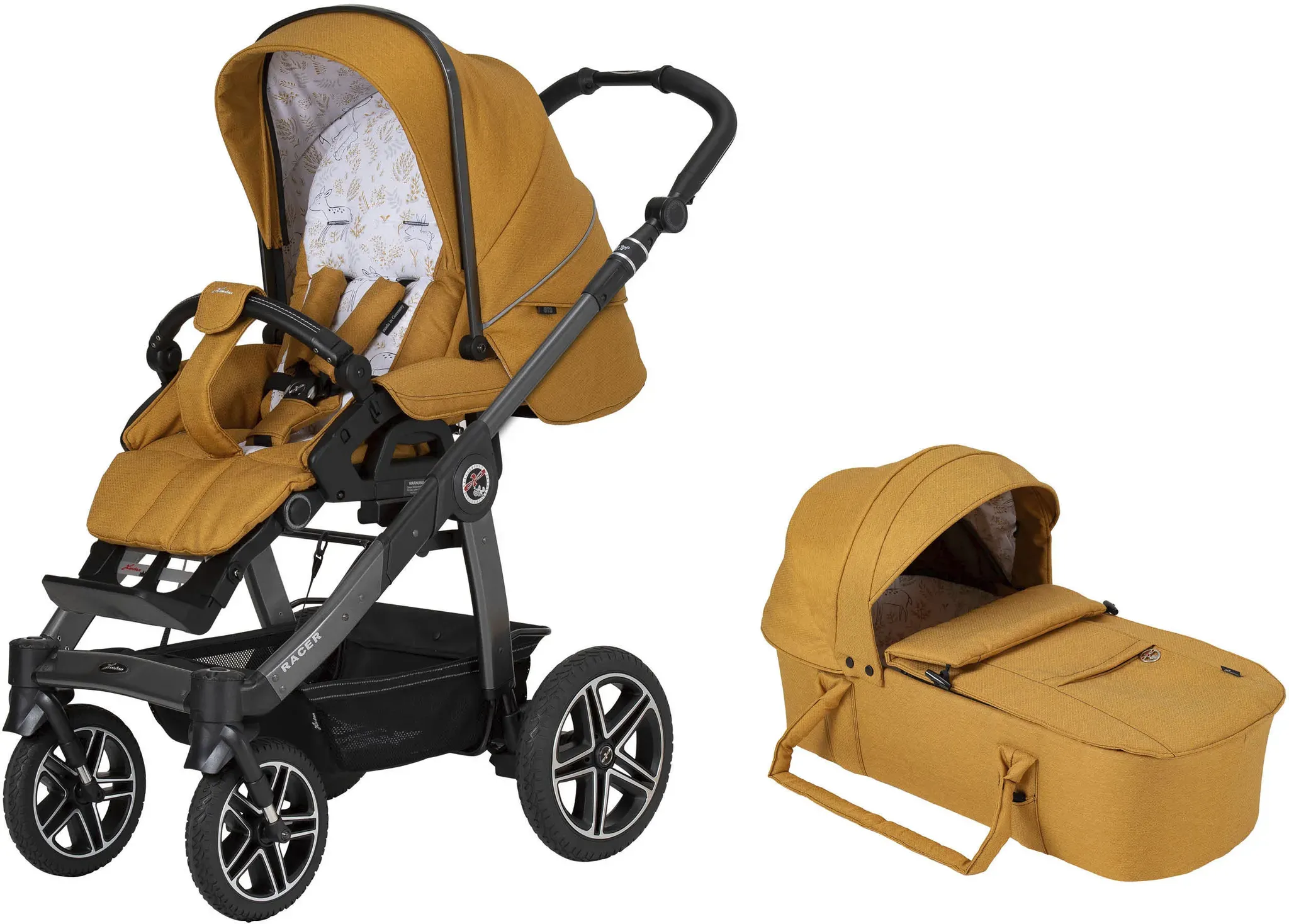 Kombi-Kinderwagen HARTAN "Racer GTS - Casual Collection" gelb (forest friends) Baby Kinderwagen mit Kombitasche; Made in Germany