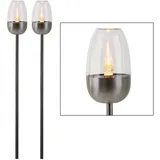 Expo Börse - LED Solarlampe Stecklampe Wegeleuchte mit Erdspieß Flammen Effekt Gartenlampe Außenleuchte, Metall weiß, 1x LED warmweiß, DxH 8,5x112 cm, 2er Set