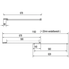 Schulte Duschabtrennung 2-teilig mit ESG Sicherheitsglas Klar hell, ausziehbar und schwenkbar, Breite: 700-1180 mm, Höhe: 1400 mm, Profilfarbe: S... – Schwarz