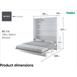 meblini Schrankbett Bed Concept - Wandbett mit Lattenrost - Klappbett mit Schrank - Wandklappbett - Murphy Bed - Bettschrank - BC-13-180x200cm Vertikal - Weiß Hochglanz, Holzwerkstoff, 7-Zonen, Rechteckig, 180x200 cm, Schlafzimmer, Betten, Klappbetten