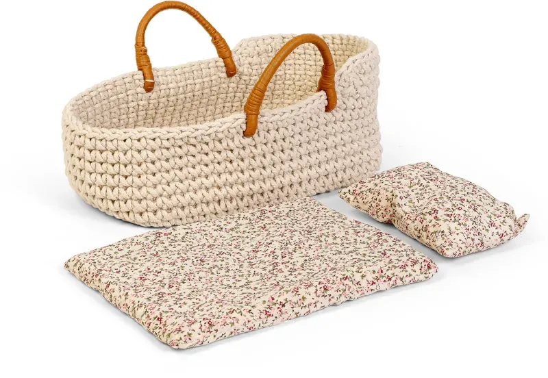 Puppentragetasche Strikkorb für Puppen bis 30 cm - beige, braun, weiß, Baumwollgarn, Lederoptik-Griffe - byASTRUP, handgehäkelt