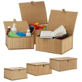Relaxdays 6 x Aufbewahrungskorb, mit Deckel & Stoffeinsatz, Bambuskorb, dekorative Aufbewahrungsbox, 3 Größen, Regalkorb, natur