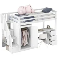 Odikalo Kinderbett Hochbett, Kleiderschrank Treppe Schreibtisch Schubladen, weiß, 90x200 weiß