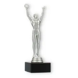 Pokal Kunststofffigur Sieger silbermetallic auf schwarzem Marmorsockel 21,6cm