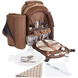 BRUBAKER Freizeitrucksack Picknick-Set für 4 Personen (isolierender Thermorucksack), Picknickrucksack mit Kühlfach und Fleece-Picknickdecke braun