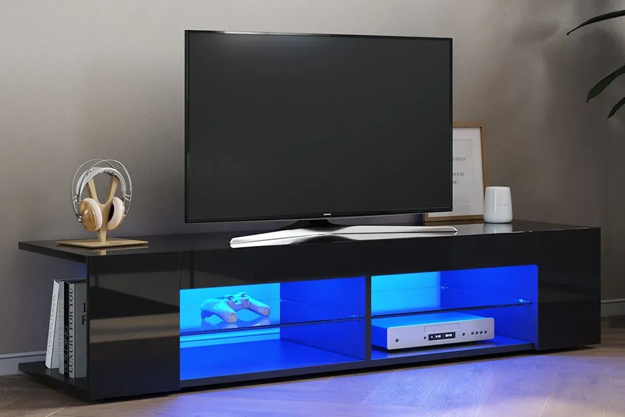 SONNI TV-Schrank TV Lowboard mit LED Beleuchtung Schwarz Hochglanz 135x39x30cm Glasböden, Unterschrank schwarz