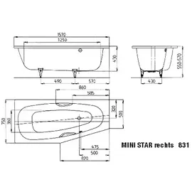 Kaldewei Mini Star rechts 831 Raumsparbadewanne 75 x 157 cm (224734013001)