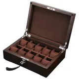 LIYFF-Uhrenbox Ulmenholz Uhrenboxen für Männer/Frauen 10 Grids Schmuck Aufbewahrungskoffer mit Glasdeckel Abschließbare Metall Schloss Armband Tray Collection Display Organizer