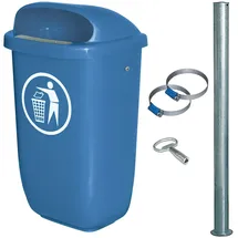 BRB-Lagertechnik 50 Liter Abfallbehälter blau im Komplettset mit verzinktem Rohrpfosten