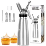 GROFIS Sahnespender 500ml aus Aluminium, Sahnesyphon mit 3 Edelstahl Tüllen und 1 Reinigungsbürsten, Auslaufsicher Schlagsahnebereiter für Sahne Espuma Flasche Desserts Warme und Kalte Saucen