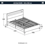 Home Deluxe LED Bett Nube - Schwarz, 140 x 200 cm - inkl. Matratze, Lattenrost und Schubladen I Polsterbett Design Bett inkl. Beleuchtung - Schwarz