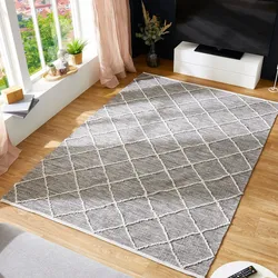 Teppich LUXOR LIVING "Pantin" Gr. 3, grau, B:140cm H:8mm L:200cm, Baumwolle, Teppiche, Handweb, Flachgewebe, reine Baumwolle, handgewebt, Rauten Design