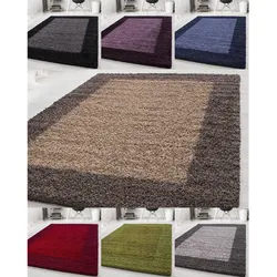 Designer Hochflor Teppich, Langflor Shaggy Teppich 2 farbig Bordüre Muster