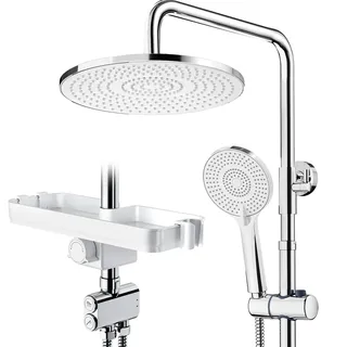 Rainsworth Duschsystem mit Ablage Chrom - 25 X 25 cm Rund Regendusche und 3 Strahlarten Duschkopf, mit Umsteller aus Messing,Duschsäule Duschset für Dusche ohne Armatur