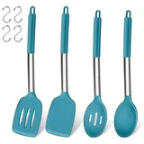 Küchenhelfer Set, Joyfair 4 Stück Silikon Pfannenwender und Kochlöffel Set, Hitzebeständig Küchenutensilien Set mit Edelstahlgriff, Kochbesteck für Kochen/Backen/Flip, Spülmaschinenfest - Blau