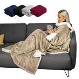 Vivezen - Fleecedecke, Ganzkörperplaid mit Ärmeln und Tasche - 140 x 210 cm - Sherpa und Flanell - Erwachsene - Mehrere Farben