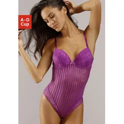 Body S.OLIVER "Amelie", Damen, Gr. 70, Cup A, lila, Spitze, Netz, Obermaterial: 60% Polyamid, 35% Polyester, 5% Elasthan, sexy, figurbetont, herzförmiger Ausschnitt, ohne Ärmel, Bodies Body Dessous, im modischen Streifen-Look, sexy Dessous