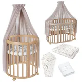 Waldin Oval Baby-Bett Mitwachsend Komplett Set 7in1, Gitterbett, Kinderbett mit Matratze, Wickelkommode, Beistellbett, Holz Natur, Stoffe Taupe Zweige