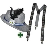 Karneval-Klamotten Oktoberfest Hut Bayern Tirolerhut Seppelhut Herren Edelweiß aus Filz INKL Hosenträger schwarz Edelweiß Oktoberfest Karneval