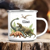 Wandtattoo Loft Kindertasse mit Namen und Dino Motiv, Emaille Tasse Kinder mit Namen, Dino Tasse Kinder, Kindertasse personalisiert, Trinkbecher Kinder, Schulkind Tasse mit Namen, Camping Tasse Kinder