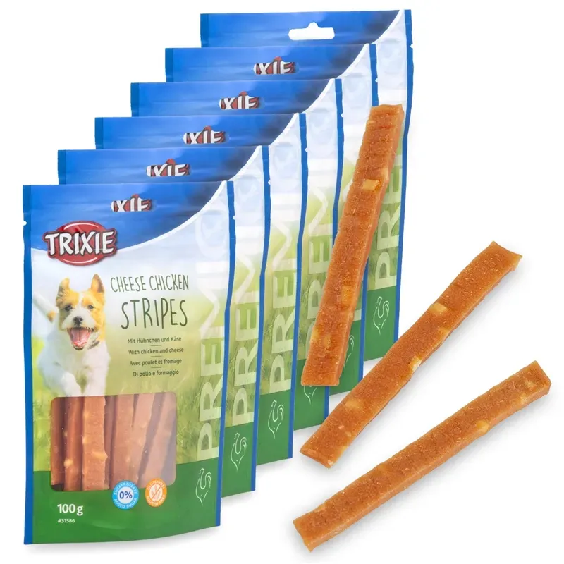 6x Trixie PREMIO Cheese Chicken Stripes, Hundeleckerli mit Hühnchen und Käse, 100g