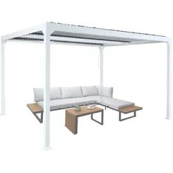 Mendler Alu Pergola HWC-L41, Lamellen-Pavillon Terrassenüberdachung, stabiles 8cm-Metall-Gestell 3x3,7m ~ weiß