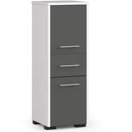 Akord | Stehender Badezimmerschrank Fin Weiß 30 cm, 2 Türen Schublade, 3 Ebenen Front Graphitgrau B30 x H85 x T30 Cm