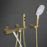 SWHC Duscharmatur Komplettset mit Thermostat, Badewannenarmatur Gold mit Handbrause und Zusatzdüse Wasserfall Badewanne Armatur Messing Duscharmatur Gold inkl 3 Funktionen Handbrause Brauseschlauch