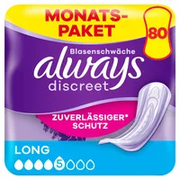 Always Discreet Inkontinenzeinlagen Long, 80 Binden (4 x 20 Stück) Monatspaket, diskreter Schutz & hohe Saugstärke, geruchsneutralisierend (Verpackung kann variieren)